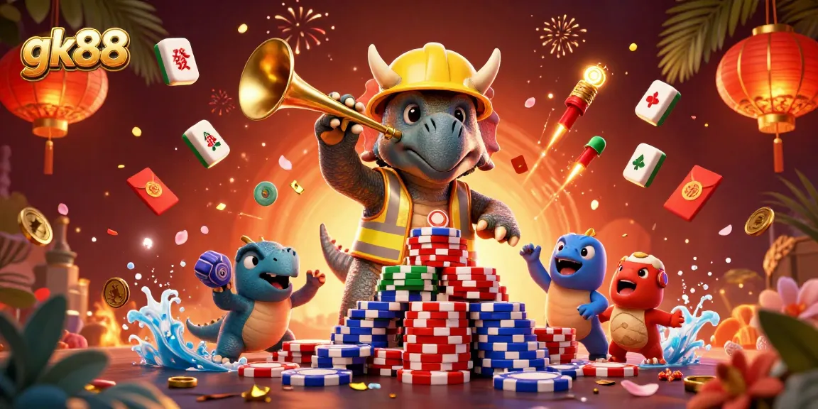 Experience thrilling moments at gk88 with lively characters celebrating casino wins amid vibrant gambling elements.