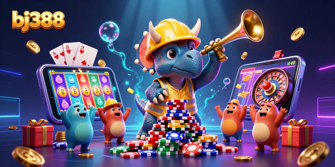 Engage in thrilling gaming with bj388’s dynamic 3D characters building poker chip pyramids.