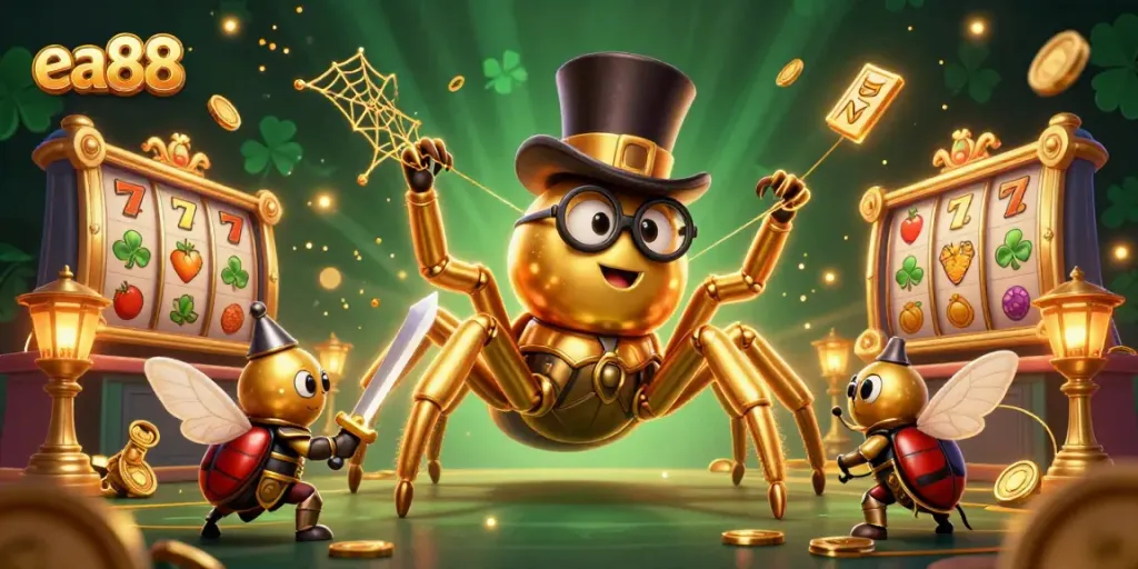 Spin the reels with ea88, featuring a golden tarantula and beetle knight in a dynamic casino scene.