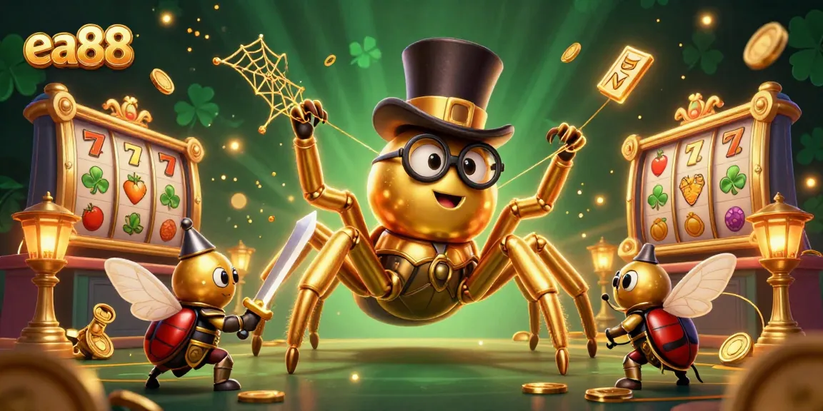 Spin the reels with ea88, featuring a golden tarantula and beetle knight in a dynamic casino scene.