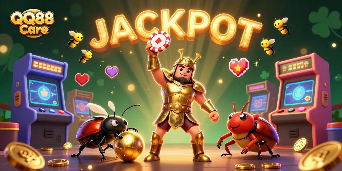 Engage with QQ88 Care at the vibrant casino scene featuring a heroic beetle celebrating victory.