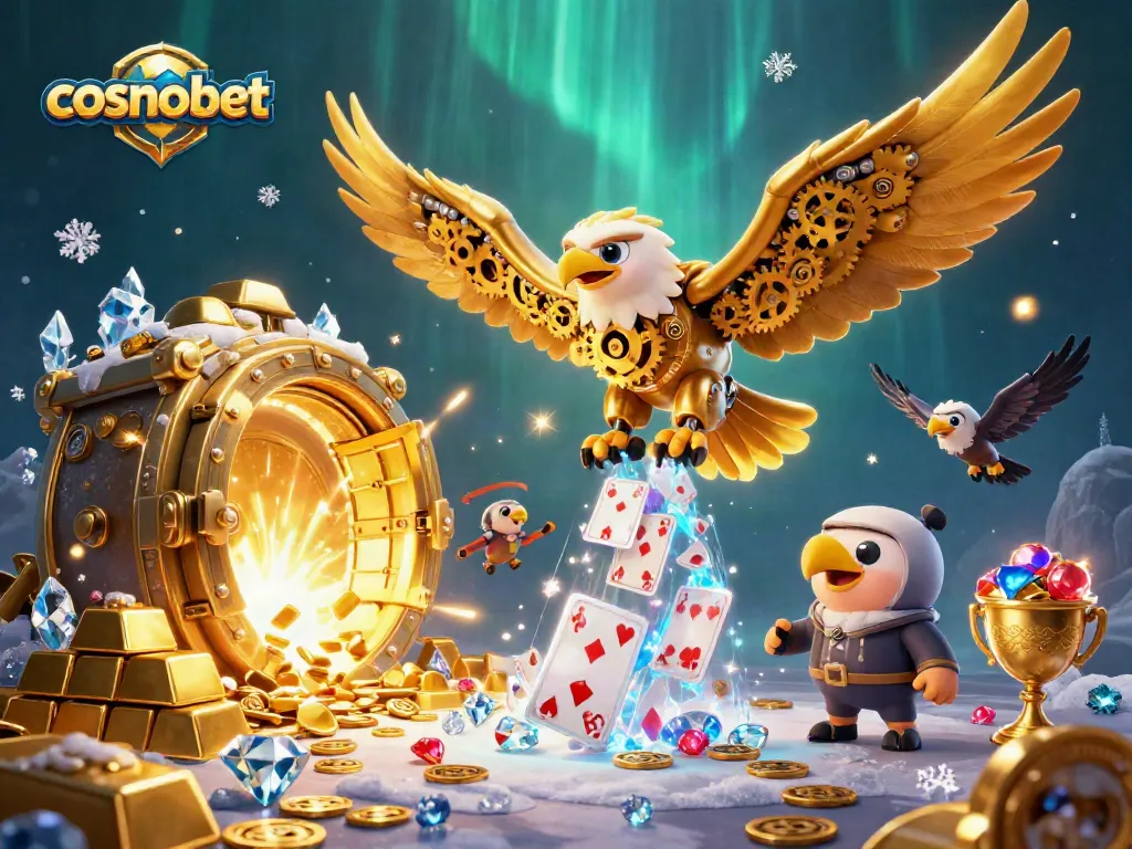 Experience thrilling gameplay at Cosmobet, featuring a dynamic 3D scene of a golden eagle amidst a cascade of holographic cards.