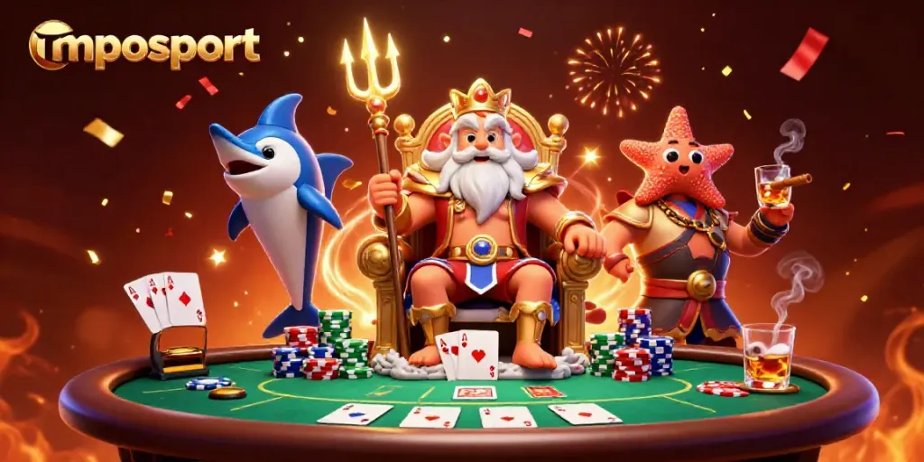 Engage in exciting poker action with mposport, featuring a vibrant coral-themed casino scene.