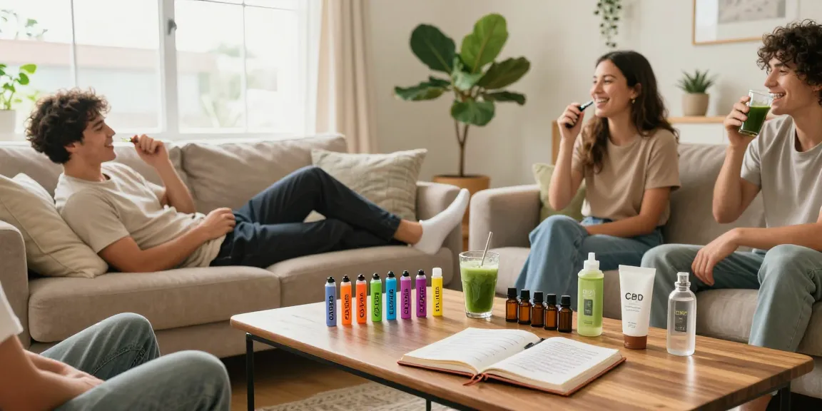 Relaxed friends enjoying thc vape uk and CBD-infused smoothie in a cozy living room, reflecting contemporary wellness lifestyle.