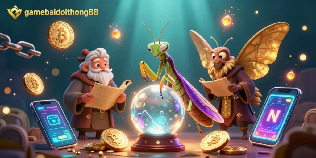 Engage with gamebaidoithuong88 through a mystical scene filled with vibrant casino elements and characters.