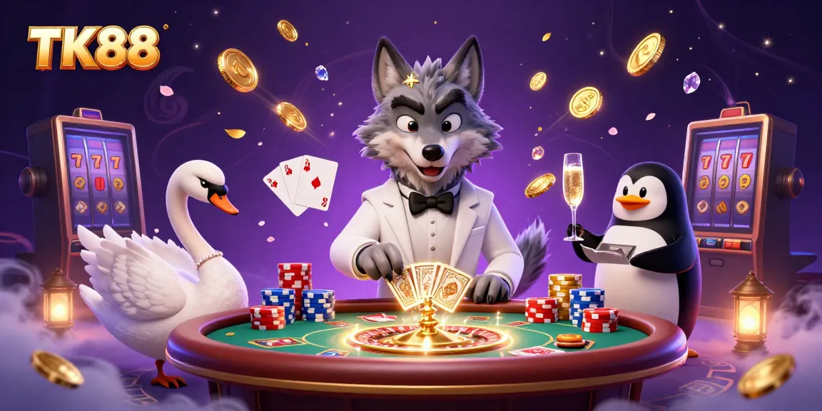 Experience exciting gaming at TK88 with a debonair wolf, elegant swan, and penguin sommelier.