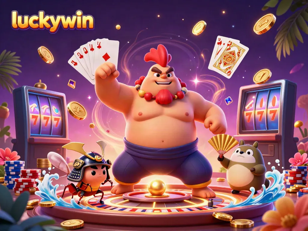 Spin and win at Luckywin with a dynamic casino scene featuring colorful characters and vibrant game elements.