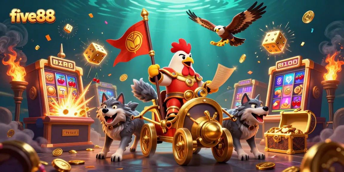 Experience big wins at five88 with a dynamic combination of slots and action in this vibrant 3D illustration.