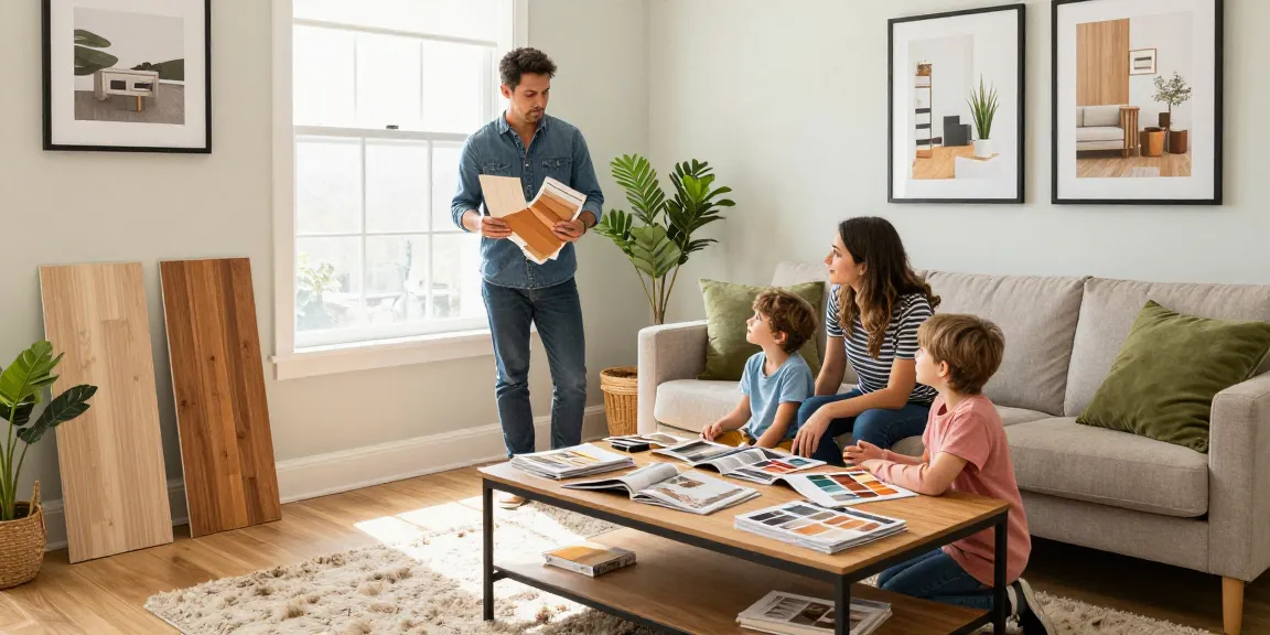 Complete guide to wood flooring with an interior designer and family discussing laminate and engineered wood options in a stylish living room.