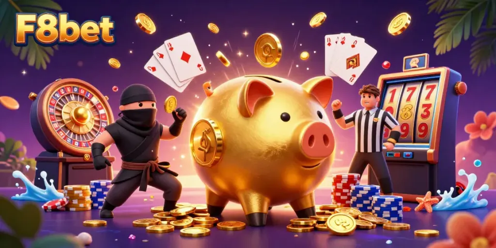 Experience the vibrant world of F8bet with thrilling characters and dynamic casino elements.