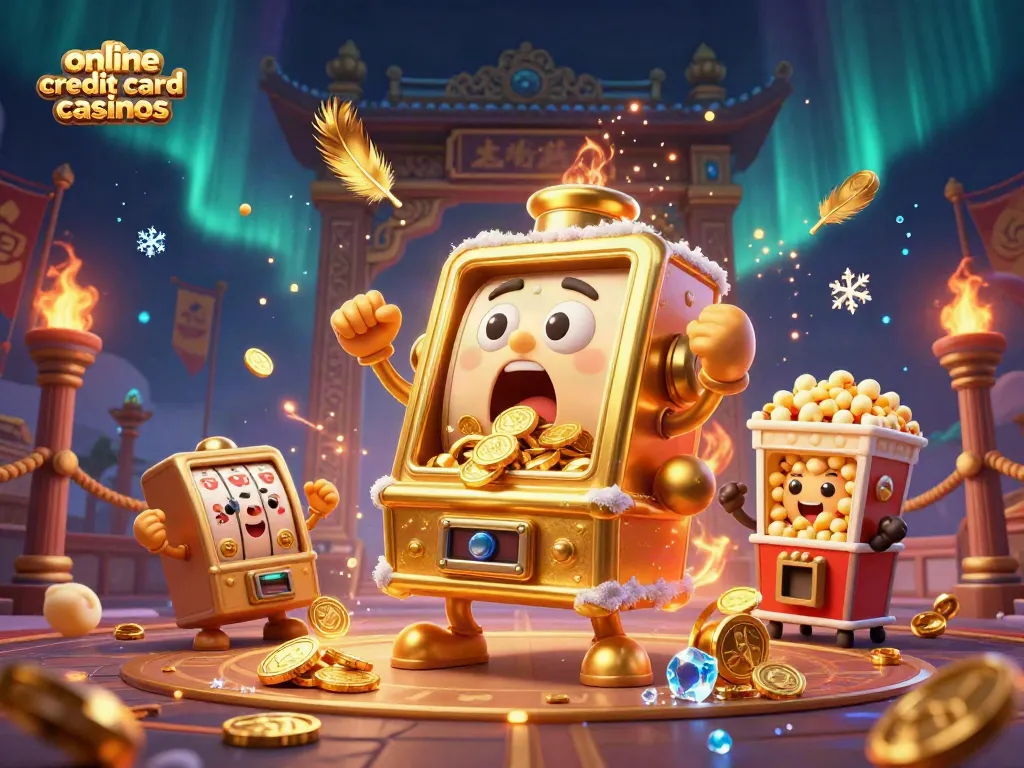 Engaging play with online credit card casinos features a joyful golden slot machine winning its jackpot.