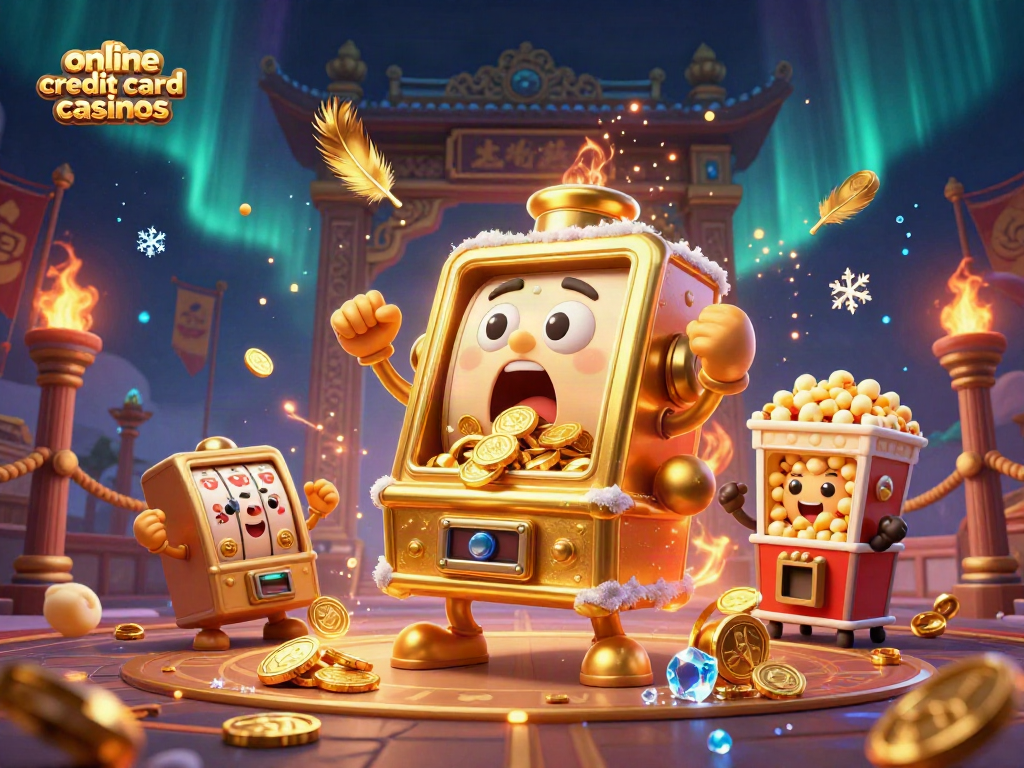 Engaging play with online credit card casinos features a joyful golden slot machine winning its jackpot.