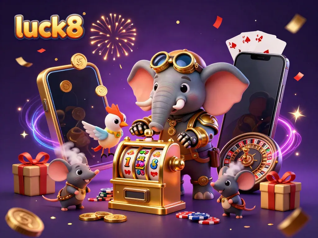 Experience luck8 with a vibrant 3D steampunk scene showcasing exciting casino elements and characters.