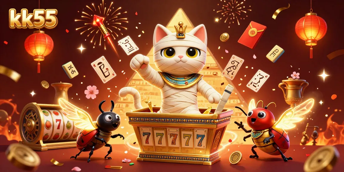 Play exciting games on kk55 with vibrant visuals featuring an Egyptian mummy cat in a casino scene.