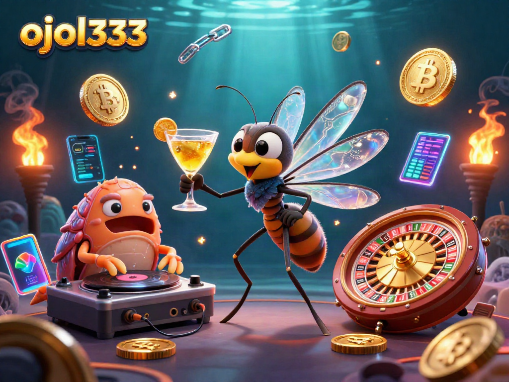 Experience the thrill of gaming with ojol333 in this dynamic casino scene featuring animated characters and crypto elements.