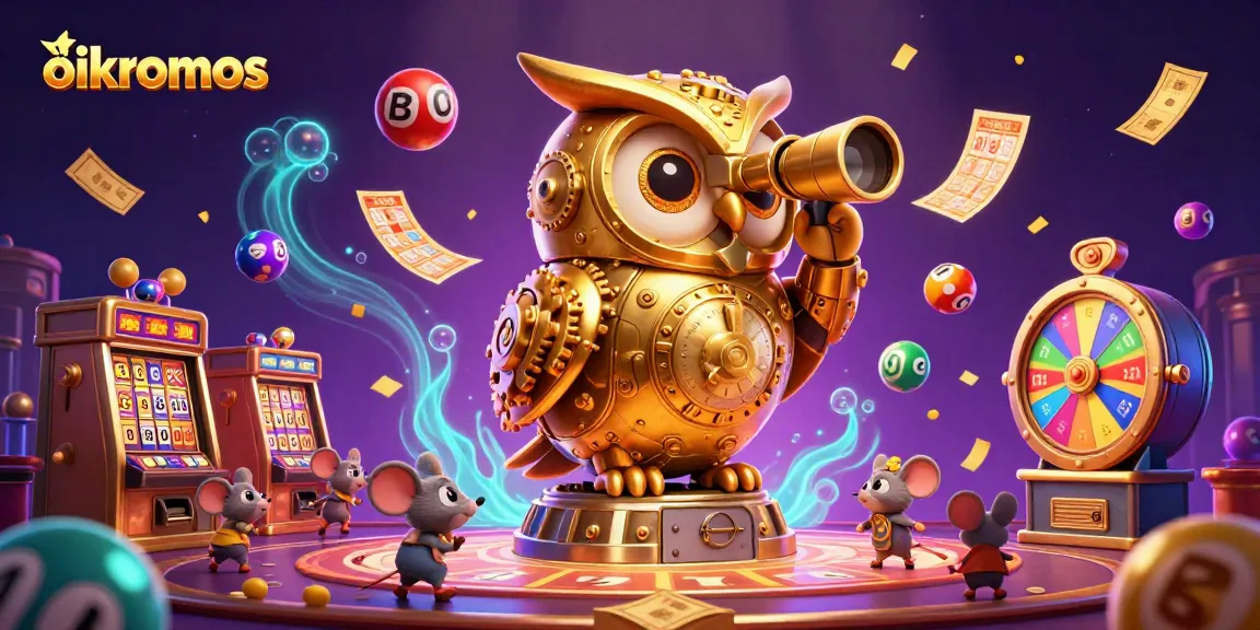 Experience gaming excitement at oikonomos with vibrant slot machines and lottery elements.