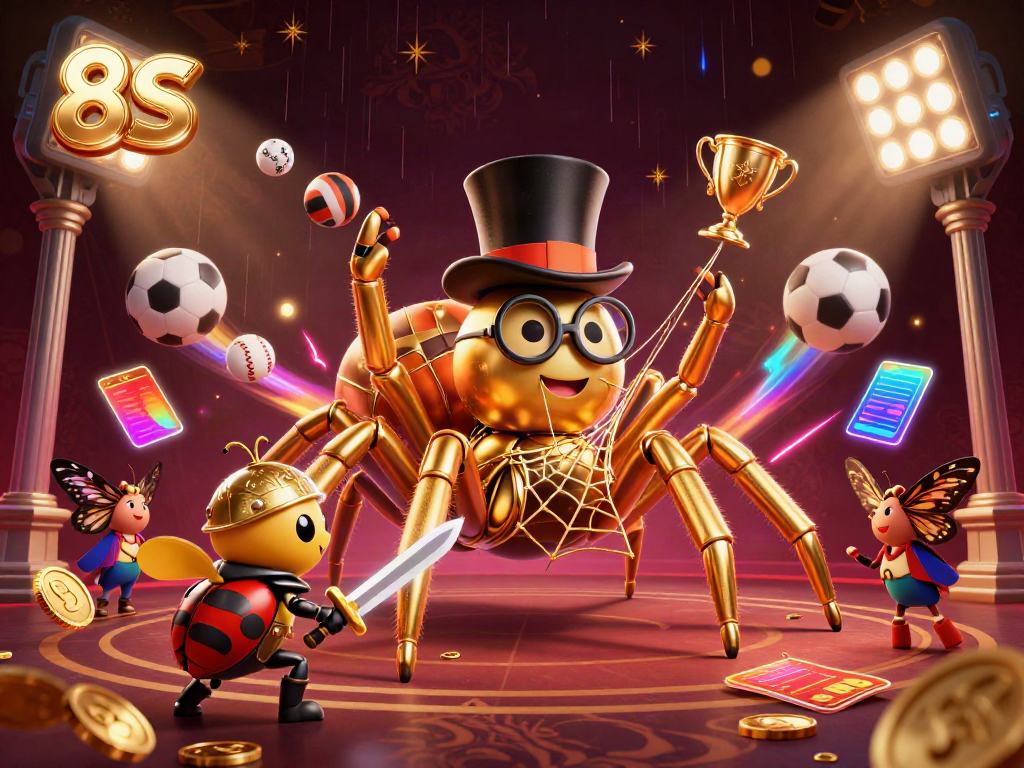 Experience the thrilling 8S casino adventure with a golden tarantula and brave beetle in a dynamic gaming scene.