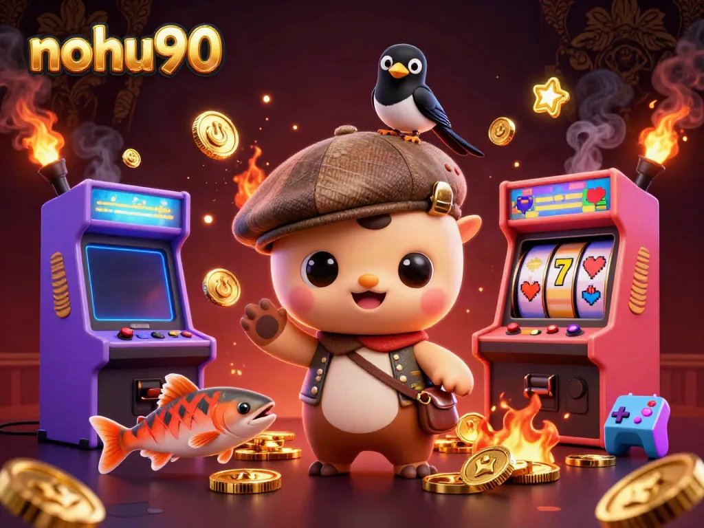 Engage with the nohu90 fun at a casino-themed digital illustration featuring charming characters immersed in games.