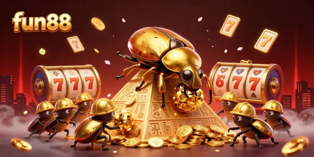 Engage in fun 88 gaming adventures with vibrant slots and golden treasures in this dynamic illustration.
