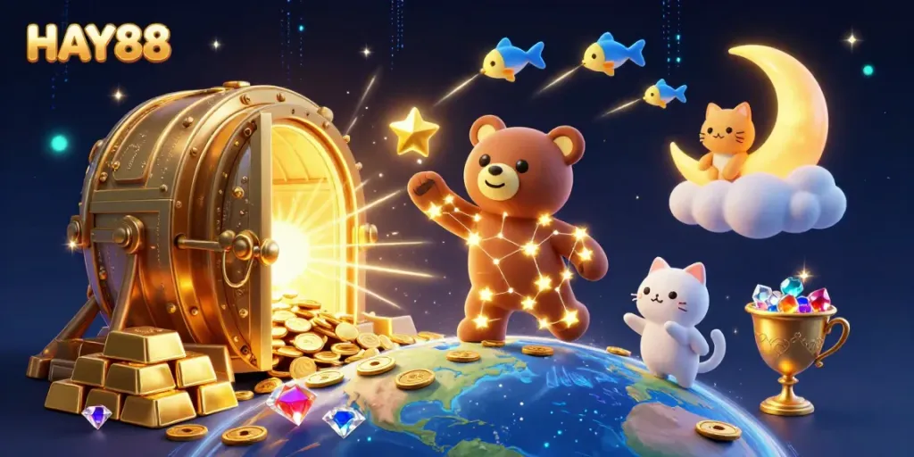 Engage in the vibrant world of HAY88 where a constellation bear plays among treasures, embodying online casino excitement.