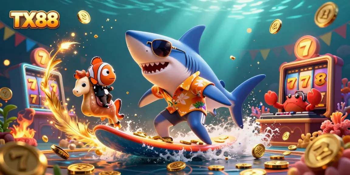 Experience the thrill of TX88 as the hammer-head shark surfs gold coins in an animated casino scene.