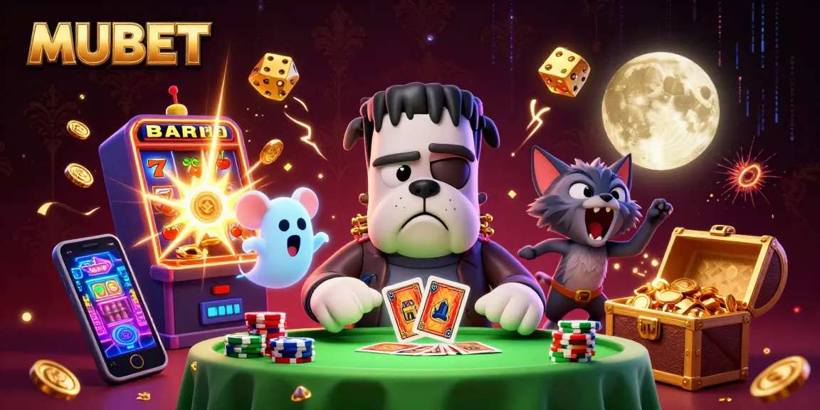 MUBET animated scene of a Frankenstein bulldog dealing cards surrounded by casino-themed elements.