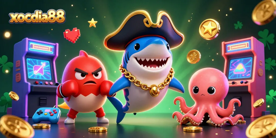 xocdia88 showcases a vibrant scene with a pirate shark, pufferfish, and octopus celebrating a thrilling casino game.
