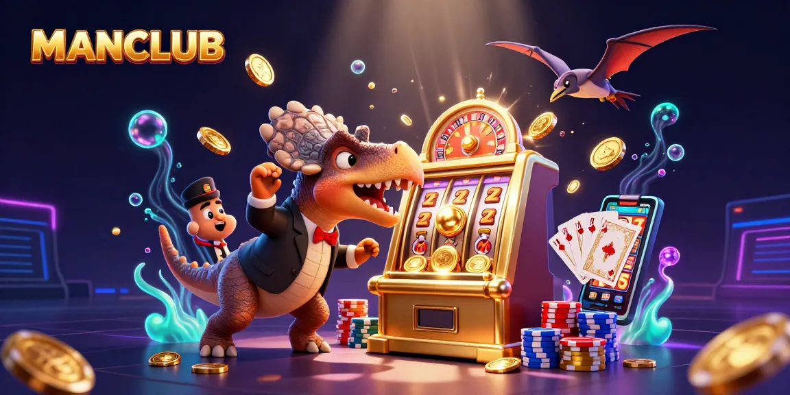 Win big at MANCLUB with a vivid scene of a dinosaur headbutting a slot machine amidst a flurry of coins.
