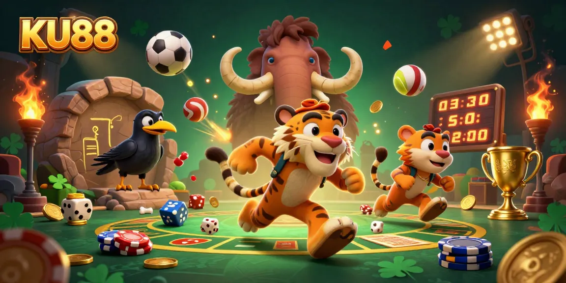 Experience the excitement at KU88 with a playful scene of cavemen and sports-themed elements in an engaging 3D casino.