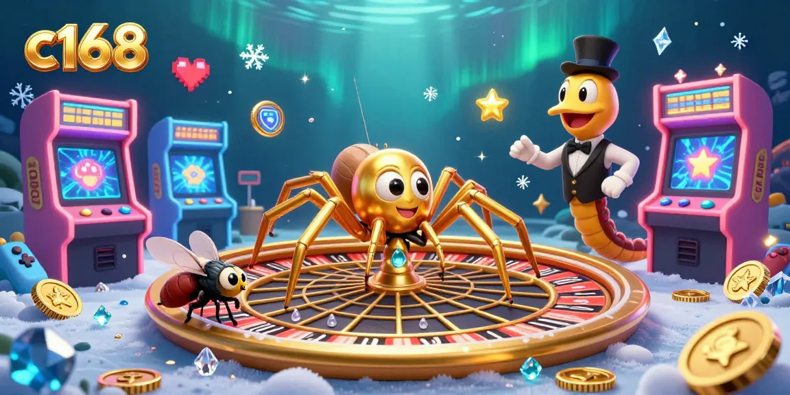 Engagingly play at c168 with a golden spider and a croupier centipede in a vibrant casino scene.