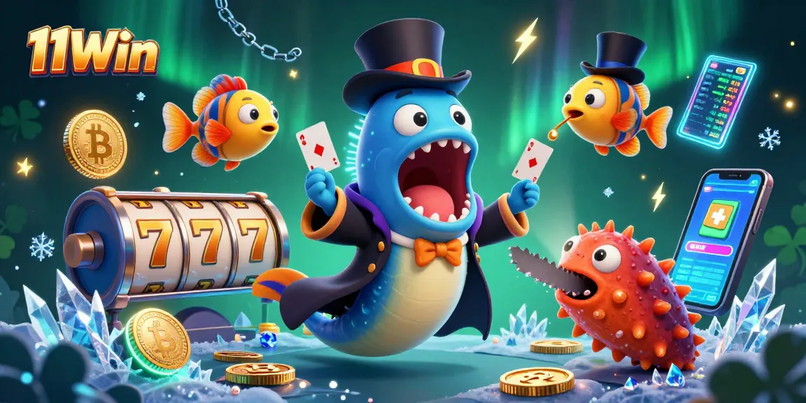 Experience thrilling 11Win excitement with a magical card trick performance by underwater creatures in a vibrant casino setting.