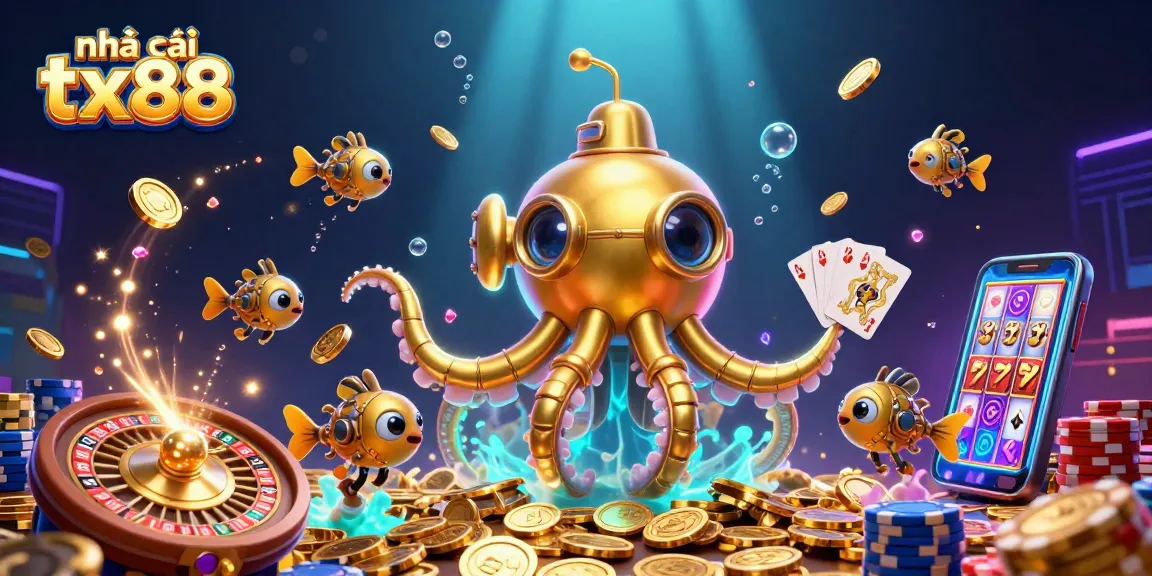 Experience the thrill at nhà cái tx88 with a vibrant casino illustration showcasing golden kraken and gaming elements.