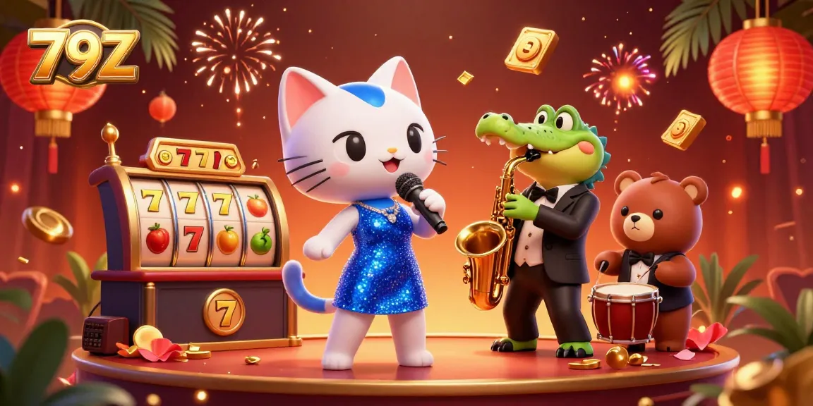 Win with 79Z in this vibrant casino scene featuring entertaining characters and exciting elements.
