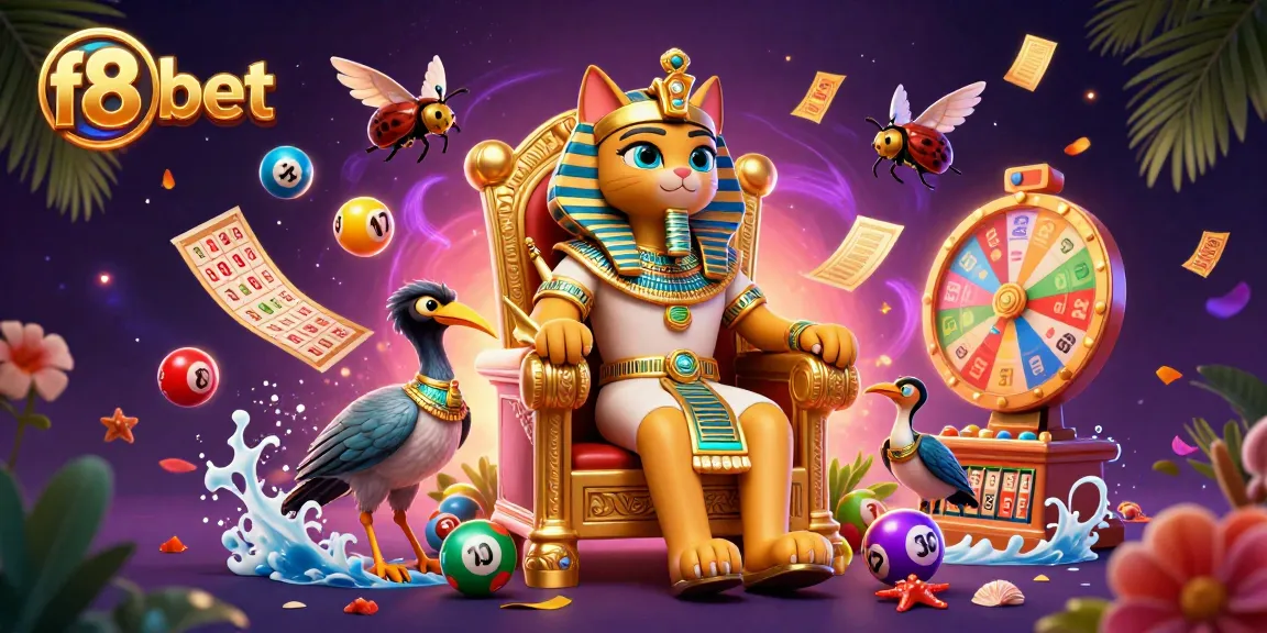 Spin the reels at f8 bet with lively lottery balls and an Egyptian pharaoh cat in a vibrant casino scene.