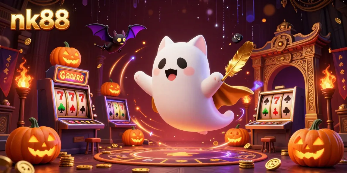 Nk88 introduces exciting gameplay with a ghost cat and bat in a haunted casino scene filled with slot machines.
