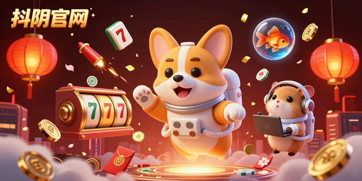 Experience thrilling gameplay with 抖阴官网 as the astronaut corgi navigates a casino, surrounded by floating slot reels and poker chips.