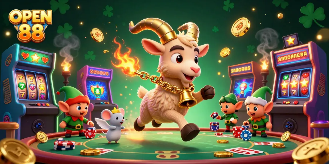 Engage in exciting gameplay at OPEN 88 with lively casino characters and vibrant slot machines.