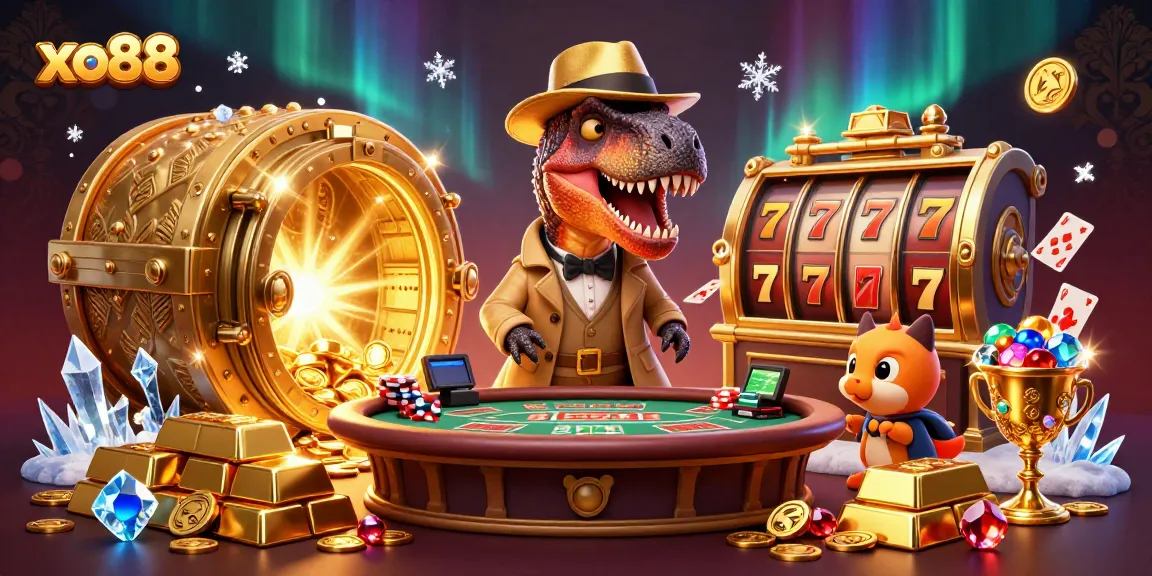 Witness the thrilling action at xo88 with a velociraptor card counter and other dino characters in a vibrant casino scene.
