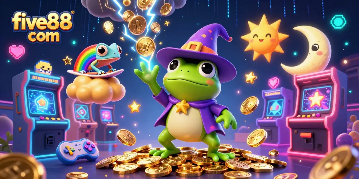 Experience vibrant gaming action with five88 com, featuring a wizard frog and chameleon in a lavish casino.