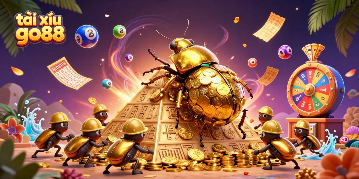 Engage with tài xỉu go88 amidst a vibrant 3D scene featuring golden beetles and dynamic lottery elements.