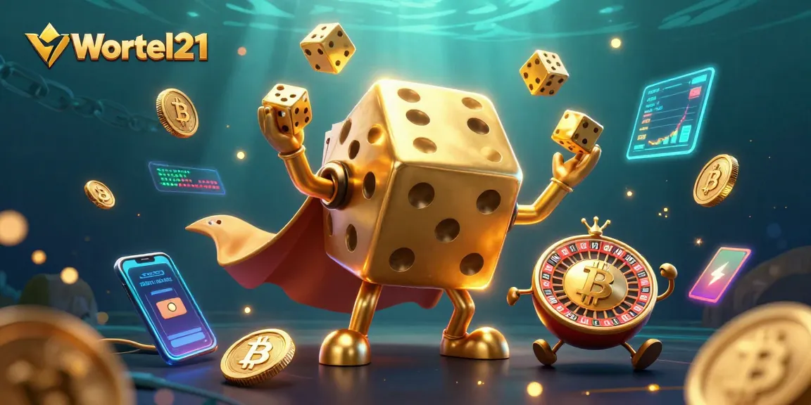 Wortel21's dynamic casino experience with colorful dice, coins, and gaming elements.
