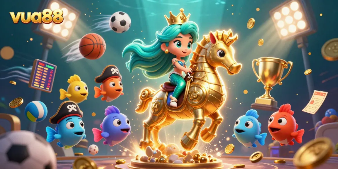 Experience thrilling betting action with vua88 in an enchanting underwater casino scene featuring vibrant characters and sports elements.