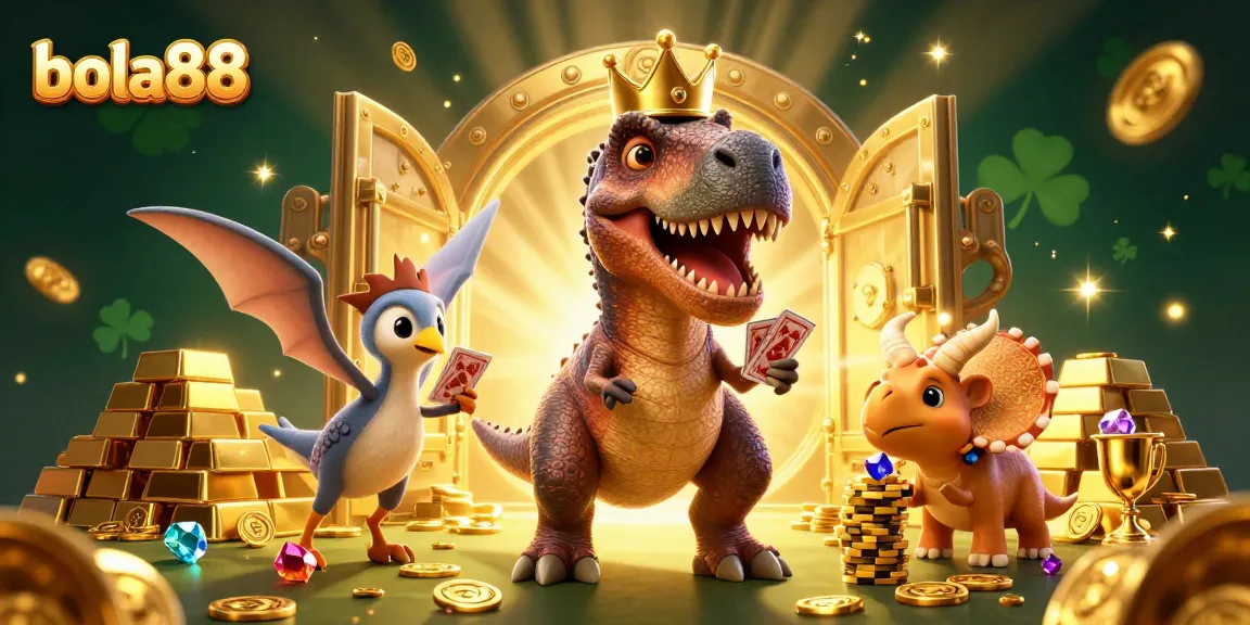 Bermain bola88 dengan T-Rex dengan mahkota emas yang berusaha mengocok kartu di kasino online.
