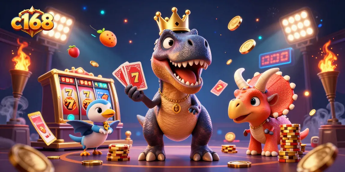 Experience the excitement of c168 with friendly dinosaurs at a thrilling casino scene.