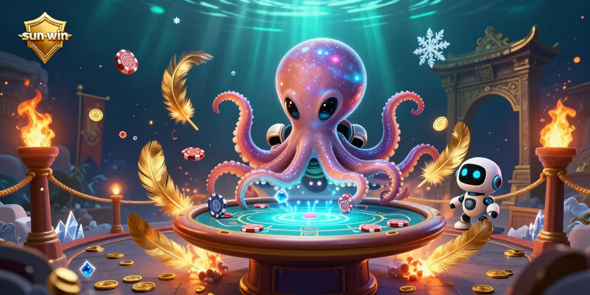 Experience thrilling poker action with sun-win's 3D animated alien octopus and vibrant cosmic casino elements.