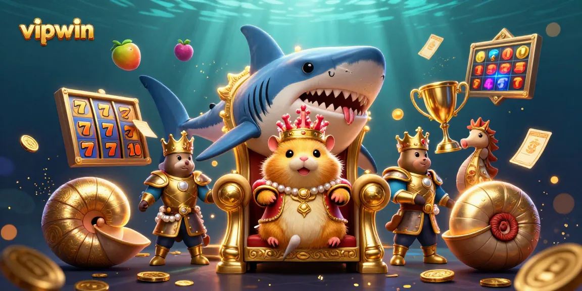 Join the fun with vipwin as the golden hamster king rules the casino realm, surrounded by rich gaming elements.