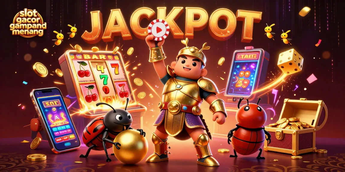 Win big with slot gacor gampang menang featuring a 3D cartoon beetle in a casino celebration scene.
