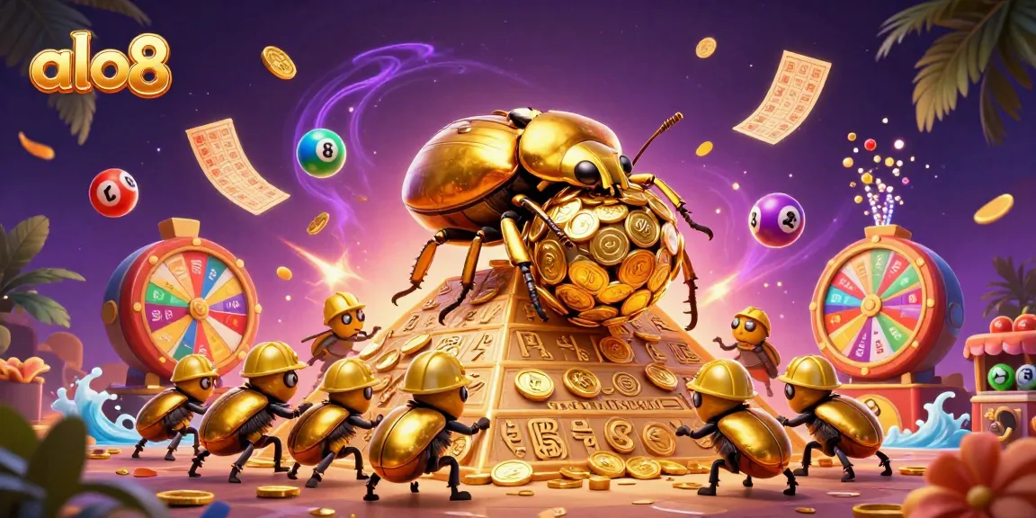 Join the excitement at alo8 with a golden dung beetle rolling coins in a vibrant casino world.