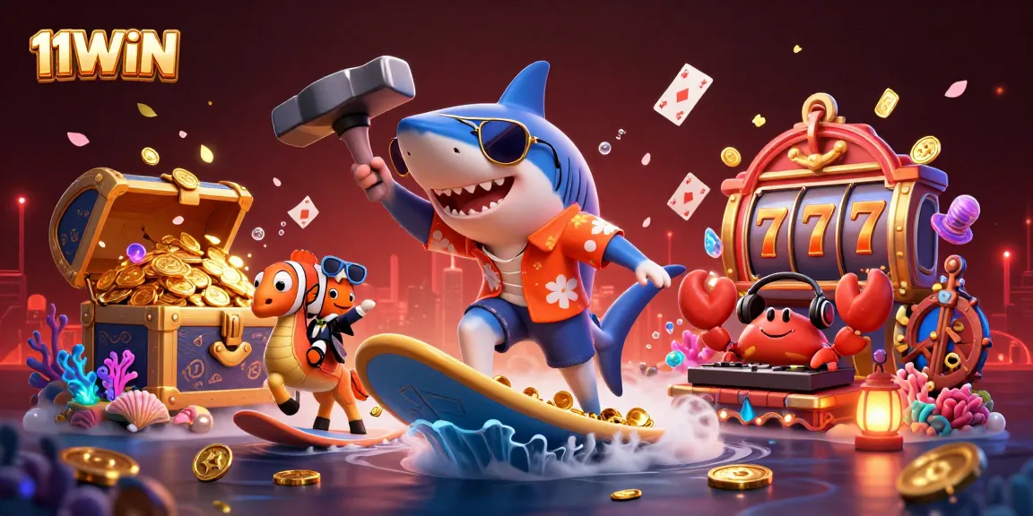 Engage with 11WIN's vibrant casino scene featuring a shark on gold coins and exciting gaming elements.