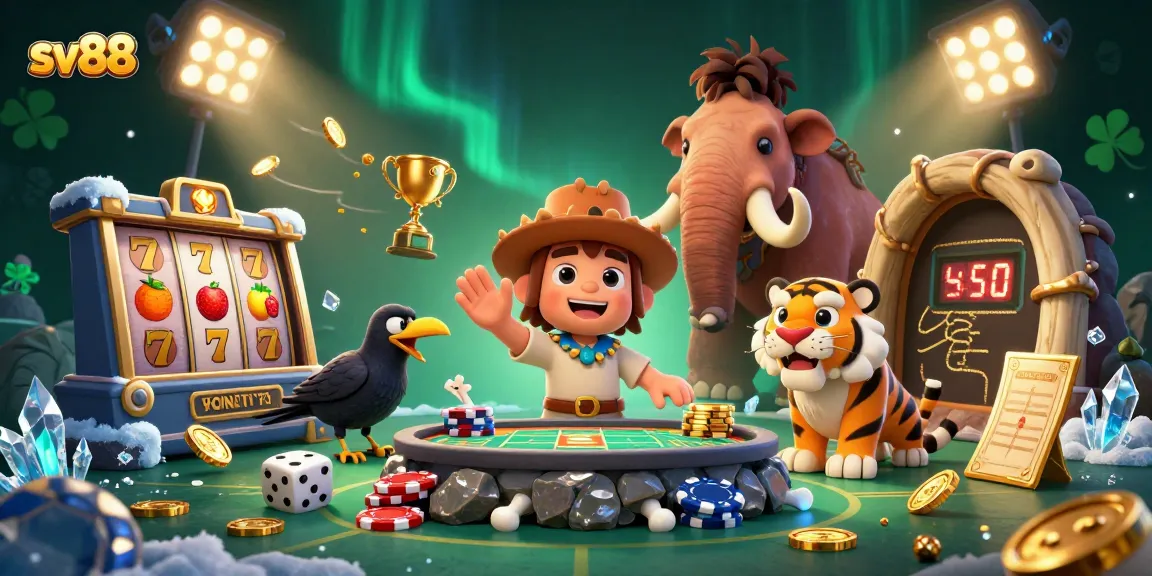 Experience thrilling games at sv88 with a lively prehistoric casino scene featuring unique characters and rich details.
